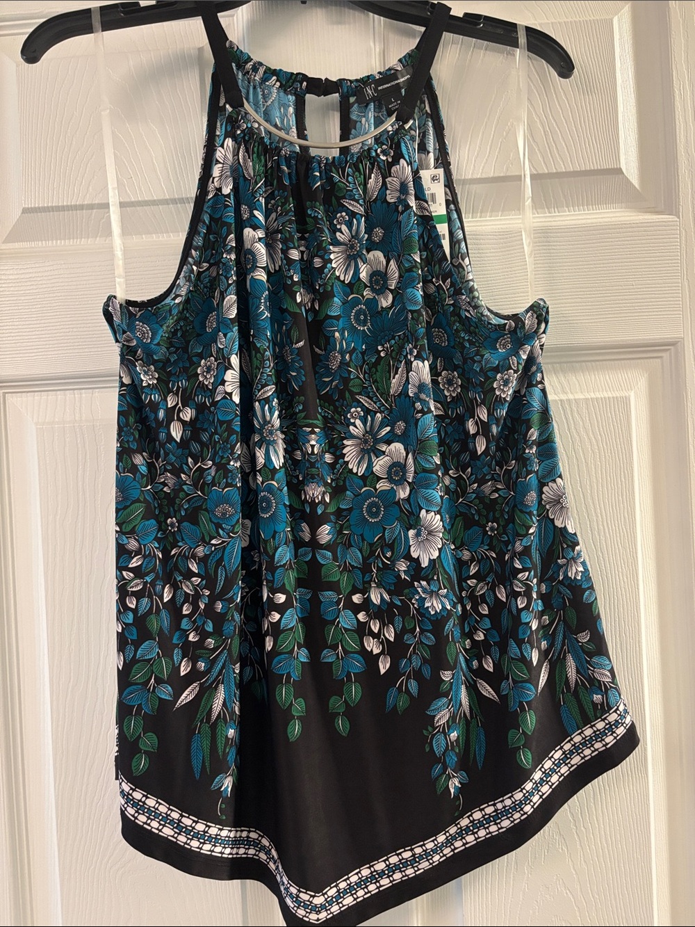 INC International Concepts Black Halter Floral Camisole with Teal & White Print